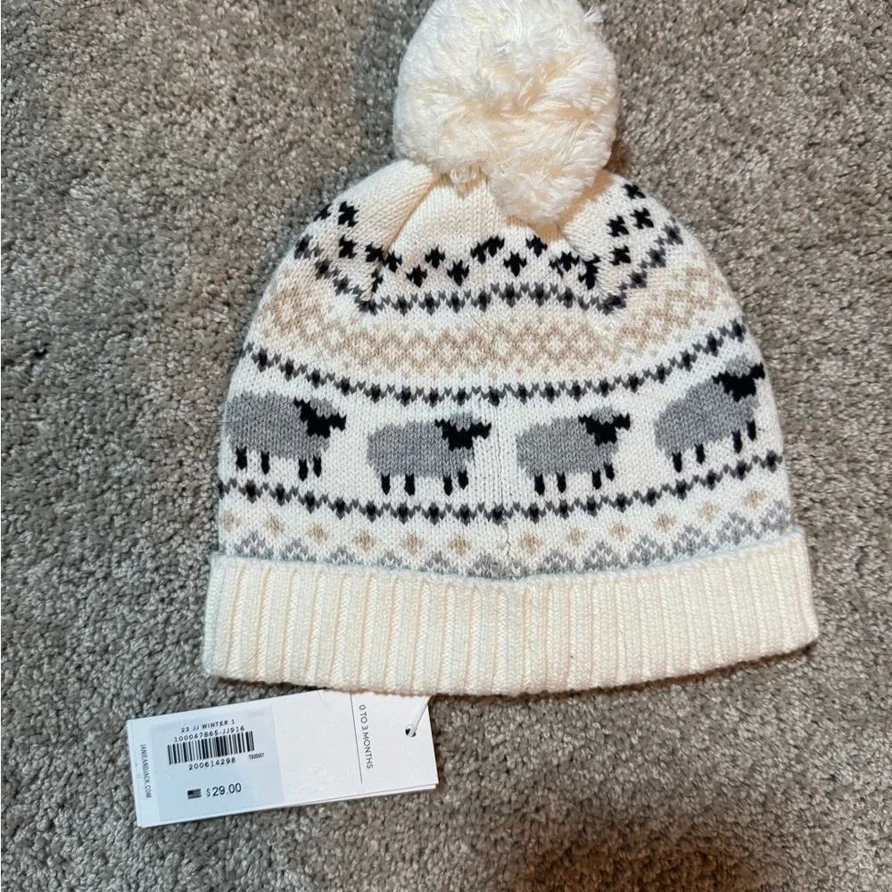 Janie and Jack Baby Fair Isle Sheep Pom Pom Beanie Hat 0-3 Months NWT